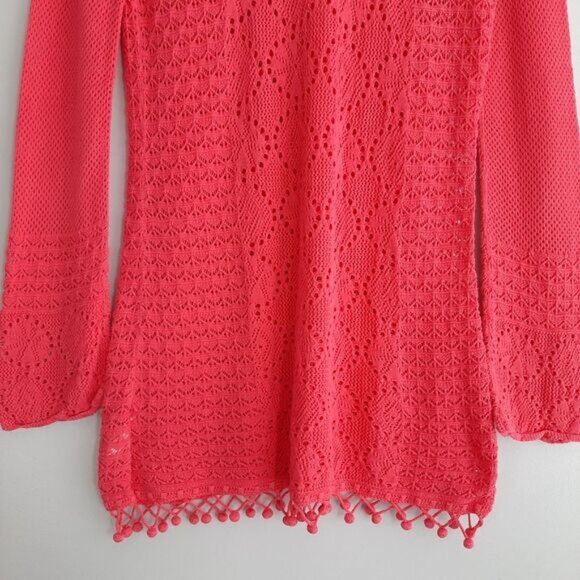 LILLY PULITZER / Pom-Pom Trim V-Neck Knit / Crochet Tunic Top Bright Pink Sz M - Picture 13 of 16